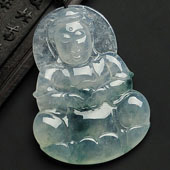 冰玻种飘花缅甸翡翠A货观音挂件