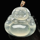 冰种略飘花缅甸翡翠A货镶金扣玉佛挂件
