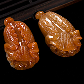 细糯种红黄翡缅甸翡翠A货白菜挂件（一对）