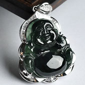 冰种油青缅甸翡翠A货镶白金玉佛胸坠（真钻）