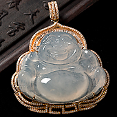 冰种淡晴水缅甸翡翠A货镶玫瑰金玉佛胸坠（真钻）