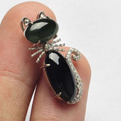 冰种墨翠缅甸翡翠A货镶银小猫胸坠（水钻）