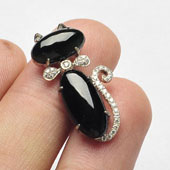 冰种墨翠缅甸翡翠A货镶银小猫胸坠（水钻）