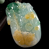 冰种三彩缅甸翡翠A货蝶恋花挂件