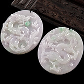 糯冰种春带彩缅甸翡翠A货龙凤牌挂件（一对）