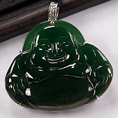 冰种油青缅甸翡翠A货镶白金玉佛胸坠（真钻）