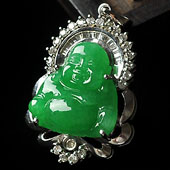 冰种阳绿缅甸翡翠A货镶白金玉佛胸坠（真钻）