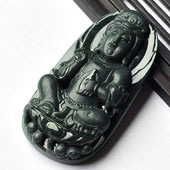 糯冰种墨翠缅甸翡翠A货观音挂件