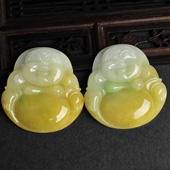 糯冰种黄翡缅甸翡翠A货玉佛挂件（一对）