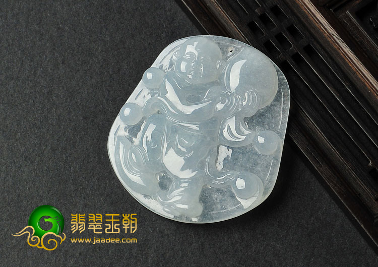 冰种淡晴水缅甸翡翠A货童子献寿挂件