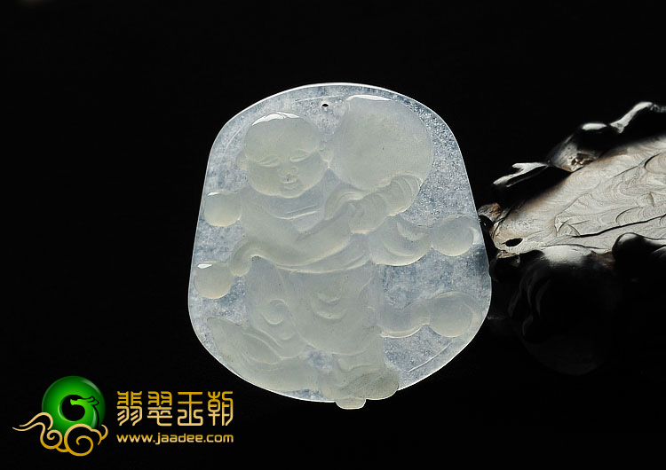 冰种淡晴水缅甸翡翠A货童子献寿挂件