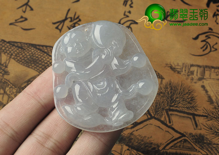 冰种淡晴水缅甸翡翠A货童子献寿挂件