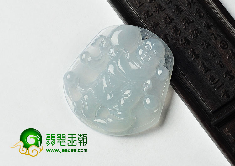 冰种淡晴水缅甸翡翠A货童子献寿挂件