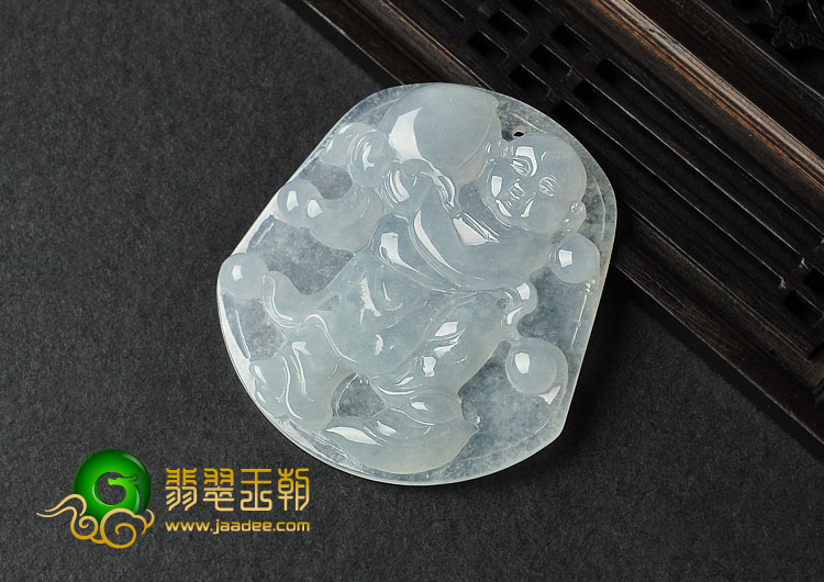 冰种淡晴水缅甸翡翠A货童子献寿挂件