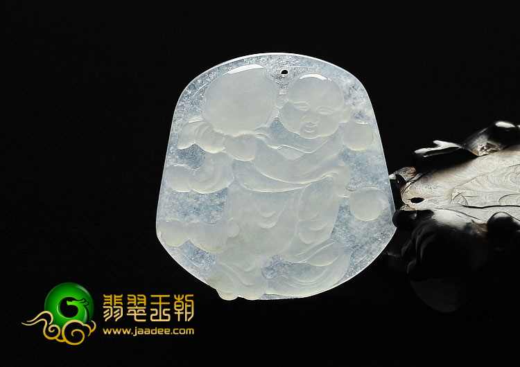 冰种淡晴水缅甸翡翠A货童子献寿挂件