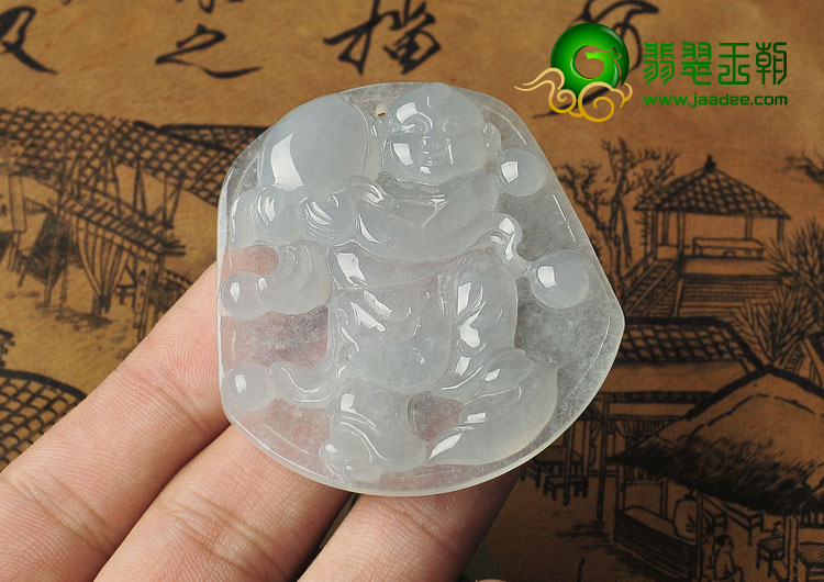 冰种淡晴水缅甸翡翠A货童子献寿挂件