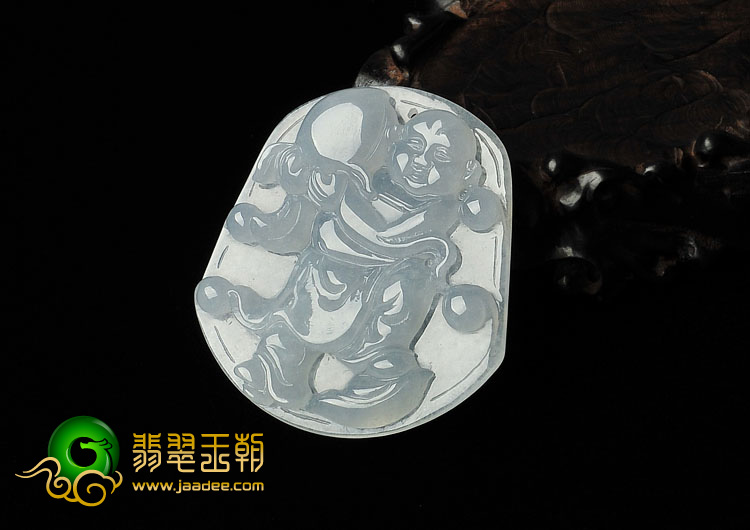 冰种淡晴水缅甸翡翠A货童子献寿挂件