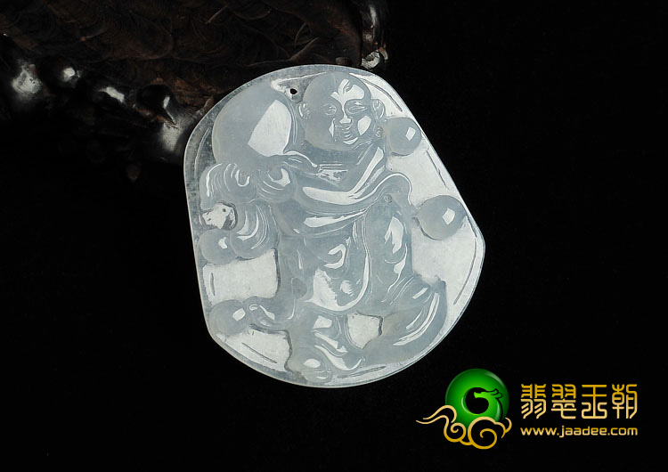 冰种淡晴水缅甸翡翠A货童子献寿挂件