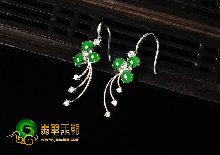 冰种阳绿缅甸翡翠A货银镀金耳坠（水钻）