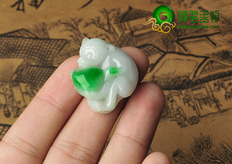 糯冰种飘翠缅甸翡翠A货灵猴献寿挂件