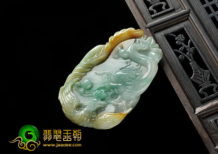 糯冰种黄加绿缅甸翡翠A货龙凤呈祥挂件