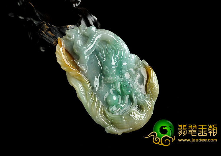 糯冰种黄加绿缅甸翡翠A货龙凤呈祥挂件