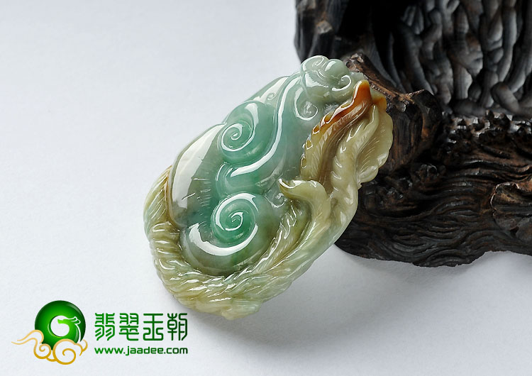 糯冰种黄加绿缅甸翡翠A货龙凤呈祥挂件