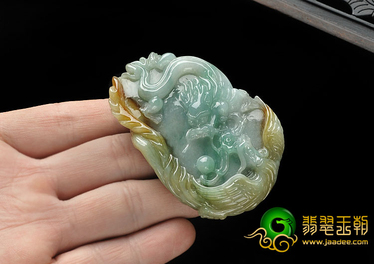 糯冰种黄加绿缅甸翡翠A货龙凤呈祥挂件