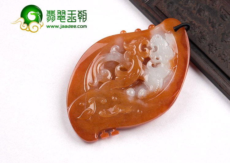 糯冰种红黄翡缅甸翡翠A货仿古龙凤呈祥挂件
