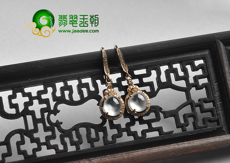 玻璃种缅甸翡翠A货镶玫瑰金耳坠（真钻）