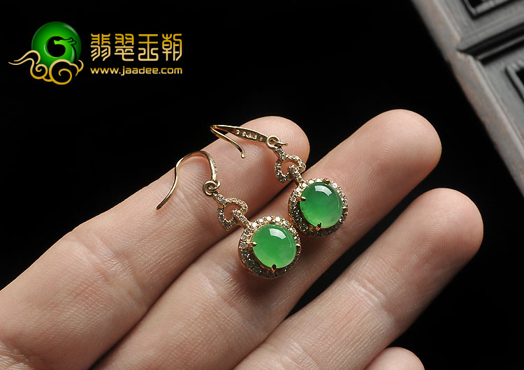 冰种阳绿缅甸翡翠A货镶玫瑰金耳坠（真钻）
