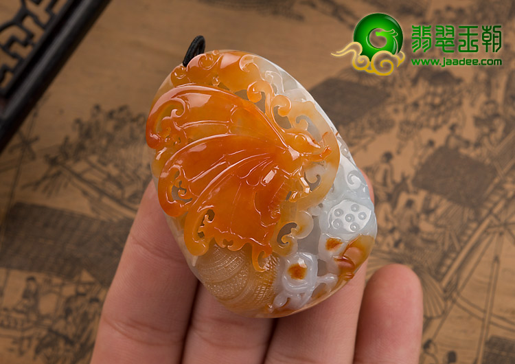 糯冰种红黄翡缅甸翡翠A货蝴蝶挂件