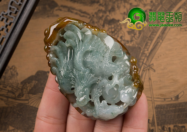 冰种褐翡飘花缅甸翡翠A货大展宏图挂件