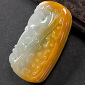 糯冰种黄翡缅甸翡翠A货仿古龙凤牌挂件