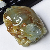 糯冰种褐黄翡缅甸翡翠A货螭龙如意挂件