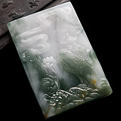糯冰种青色缅甸翡翠A货山水画卷挂件