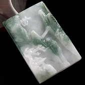 糯冰种青色缅甸翡翠A货山水画卷挂件