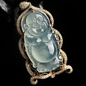 冰玻种晴水缅甸翡翠A货镶玫瑰金站佛胸坠（真钻）