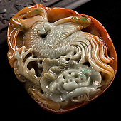 细糯种褐红翡缅甸翡翠A货凤戏牡丹挂件