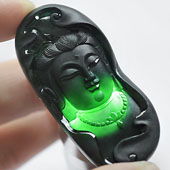 玻璃种墨翠缅甸翡翠A货观音头挂件
