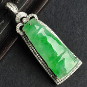 糯冰种阳绿缅甸翡翠A货镶白金节节高胸坠（真钻）