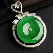 冰种阳绿缅甸翡翠A货镶白金平安扣胸坠（真钻）