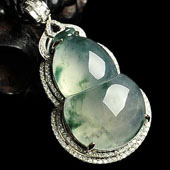 冰种飘花缅甸翡翠A货镶白金葫芦胸坠（真钻）