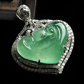 冰玻种绿晴水缅甸翡翠A货镶白金心心相印胸坠（真钻）