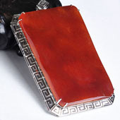 冰种红翡缅甸翡翠A货镶白金方牌胸坠