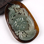 糯冰种褐翡缅甸翡翠A货富贵花开挂件
