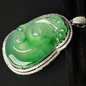 冰玻种飘翠缅甸翡翠A货镶白金如意胸坠（真钻）