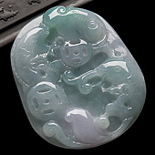 糯冰种略飘花缅甸翡翠A货年年有余挂件