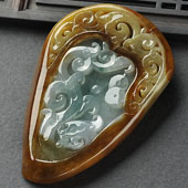糯冰种褐黄翡略飘花缅甸翡翠A货龙凤呈祥挂件