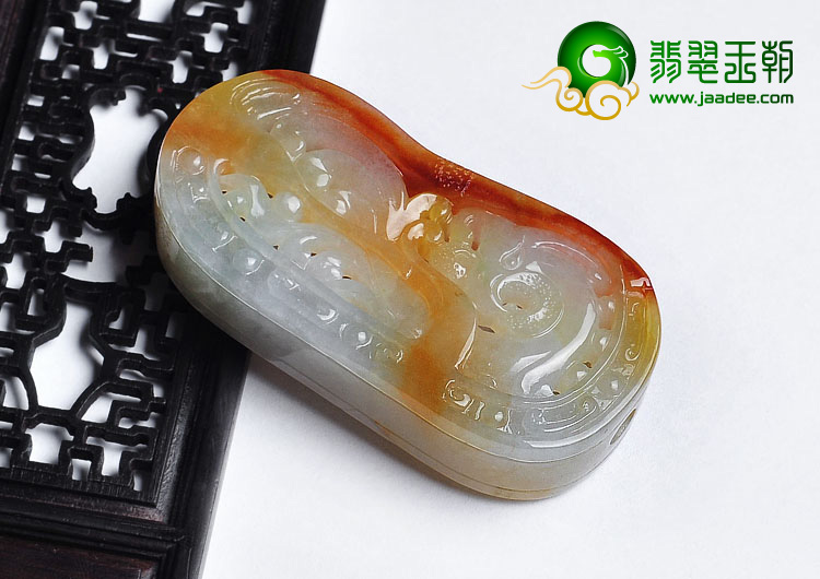 糯冰种红黄翡缅甸翡翠A货仿古龙凤牌挂件